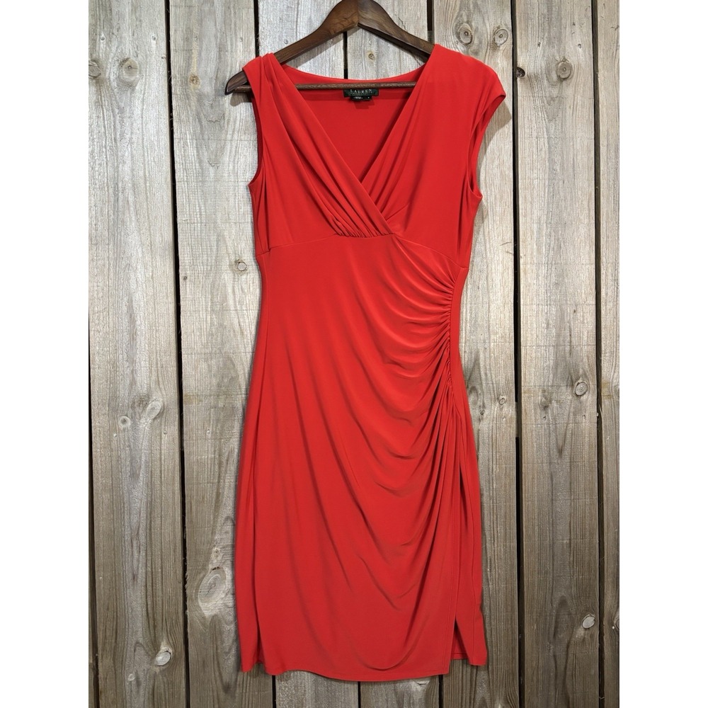 Lauren Ralph Lauren 💃Red Ruched Sheath Dress Women's 6 Cocktail Party 🥂Stretch